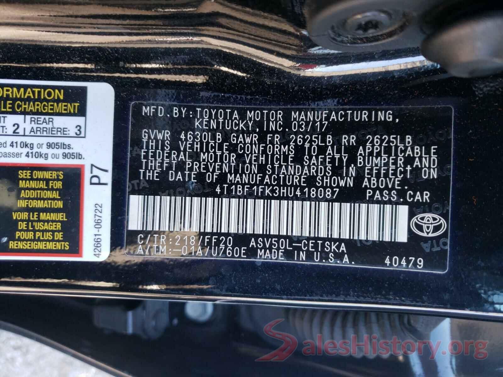 4T1BF1FK3HU418087 2017 TOYOTA CAMRY