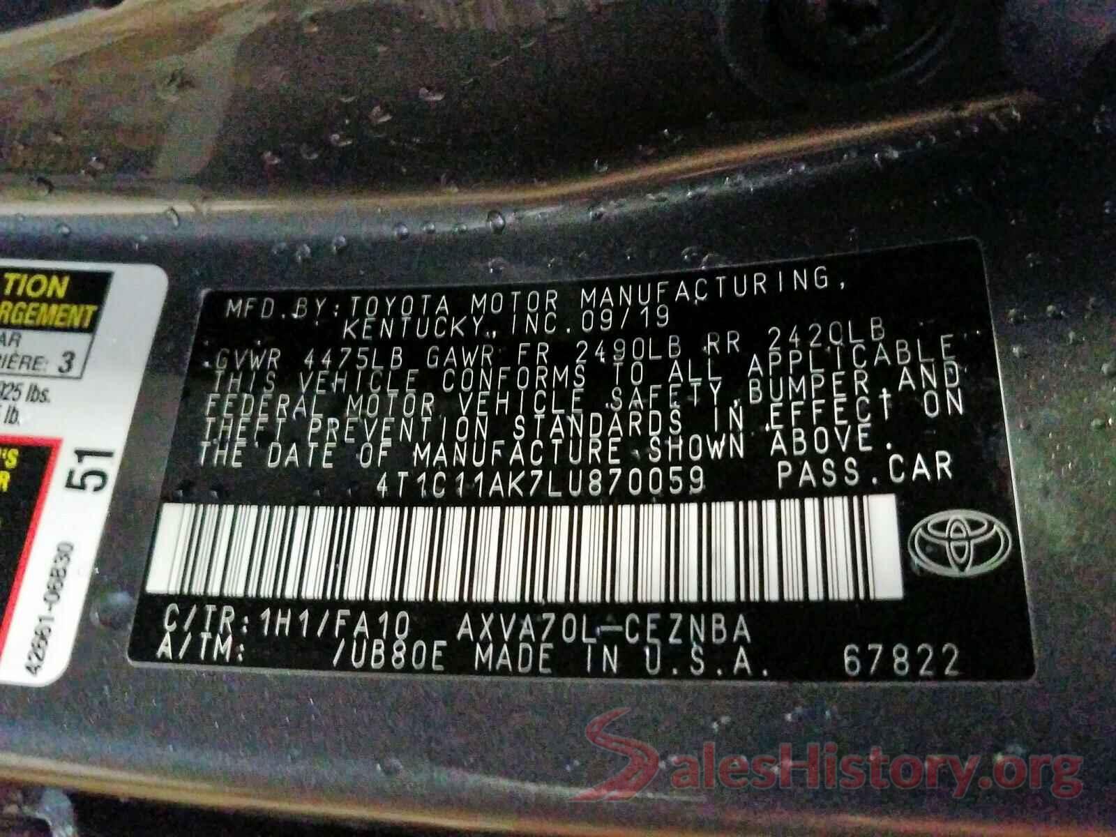 4T1C11AK7LU870059 2020 TOYOTA CAMRY