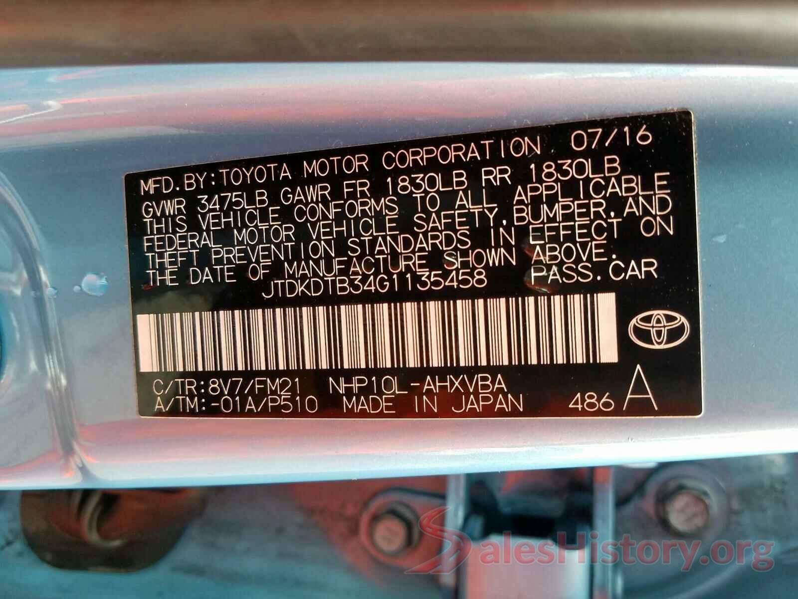 JTDKDTB34G1135458 2016 TOYOTA PRIUS