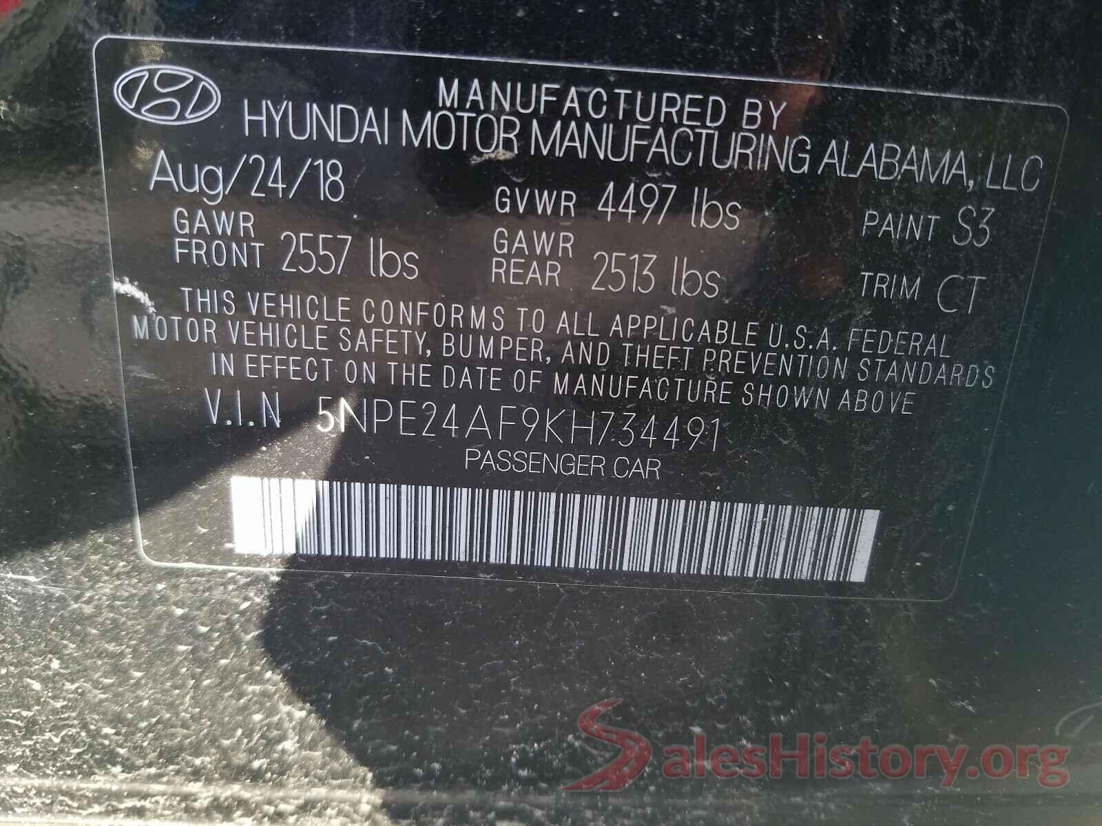 5NPE24AF9KH734491 2019 HYUNDAI SONATA