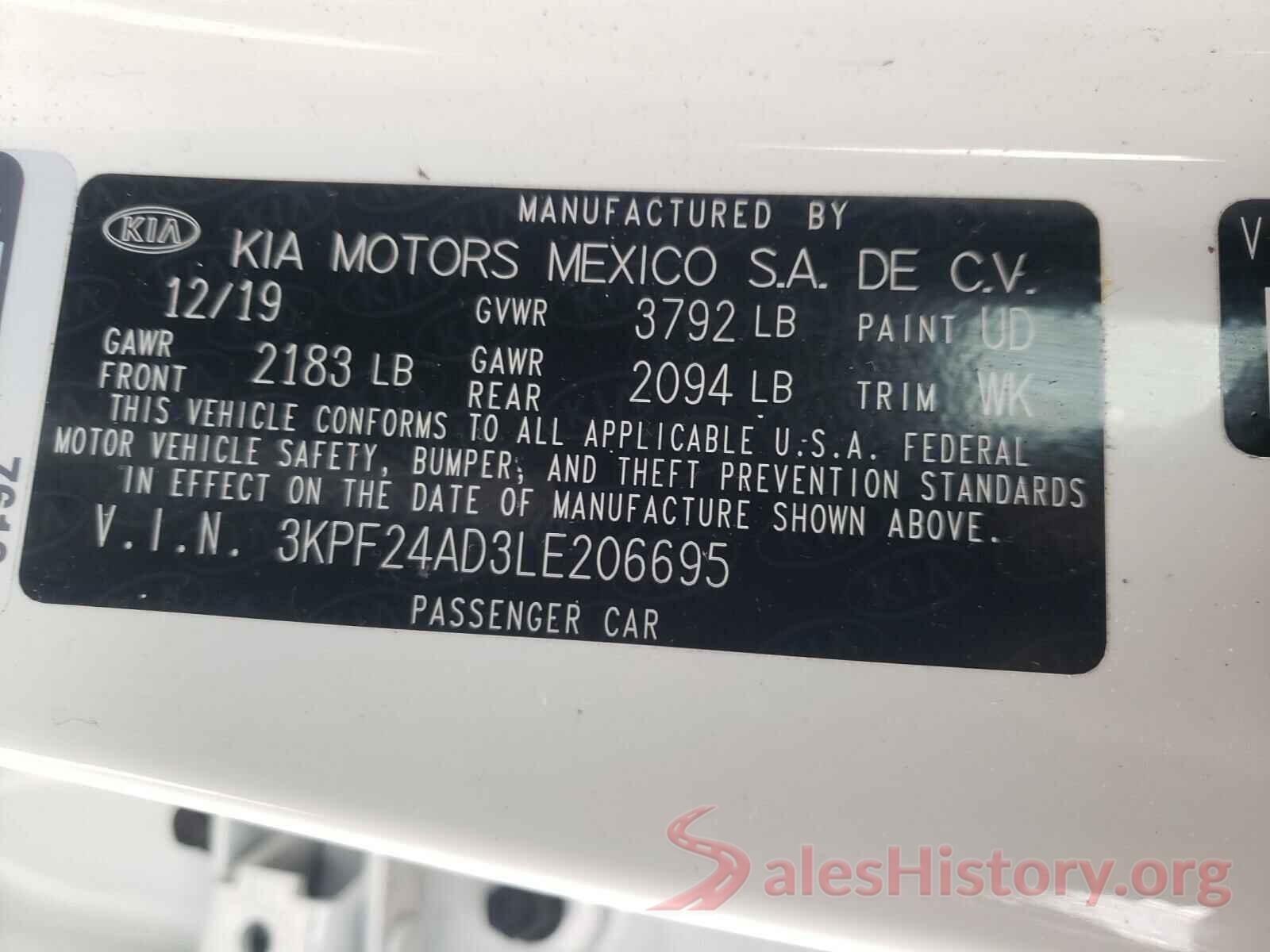 3KPF24AD3LE206695 2020 KIA FORTE