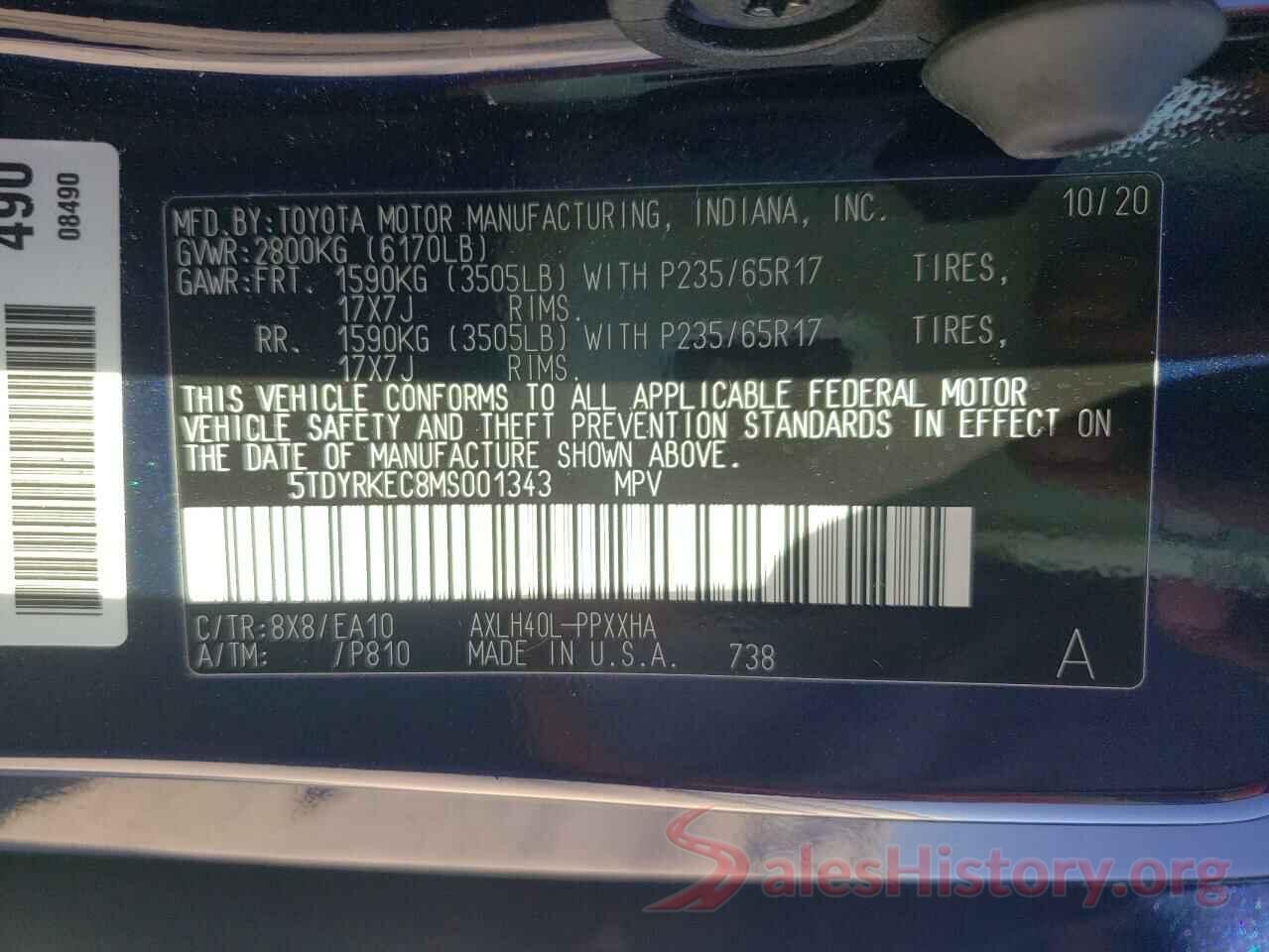 5TDYRKEC8MS001343 2021 TOYOTA SIENNA