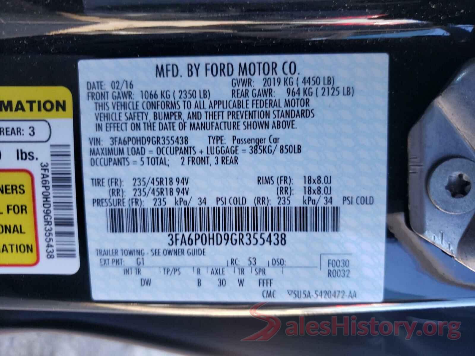 3FA6P0HD9GR355438 2016 FORD FUSION