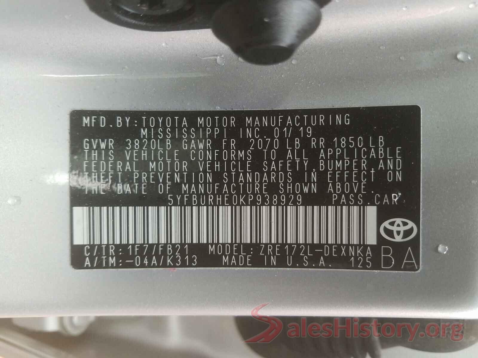 5YFBURHE0KP938929 2019 TOYOTA COROLLA