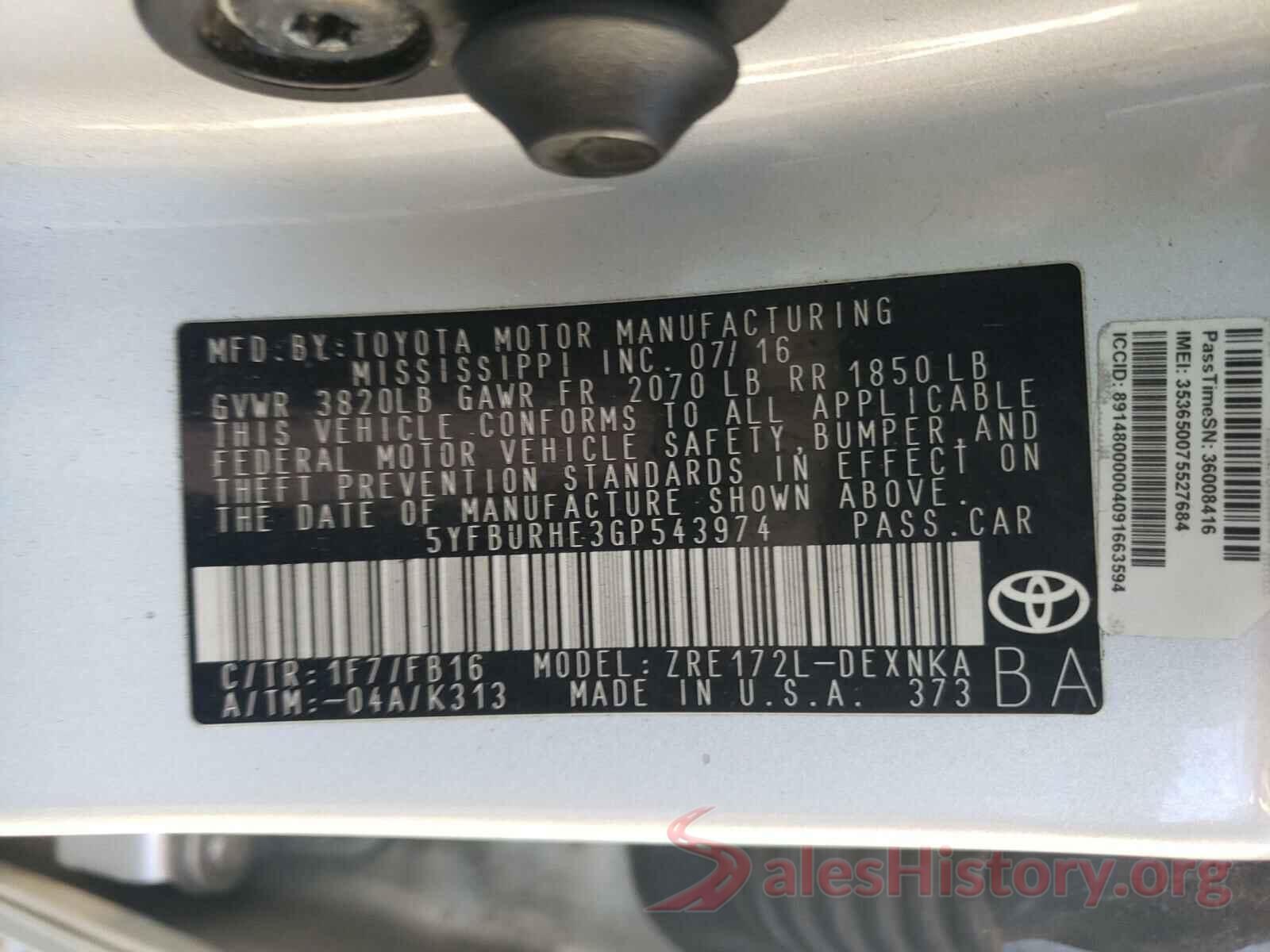 5YFBURHE3GP543974 2016 TOYOTA COROLLA