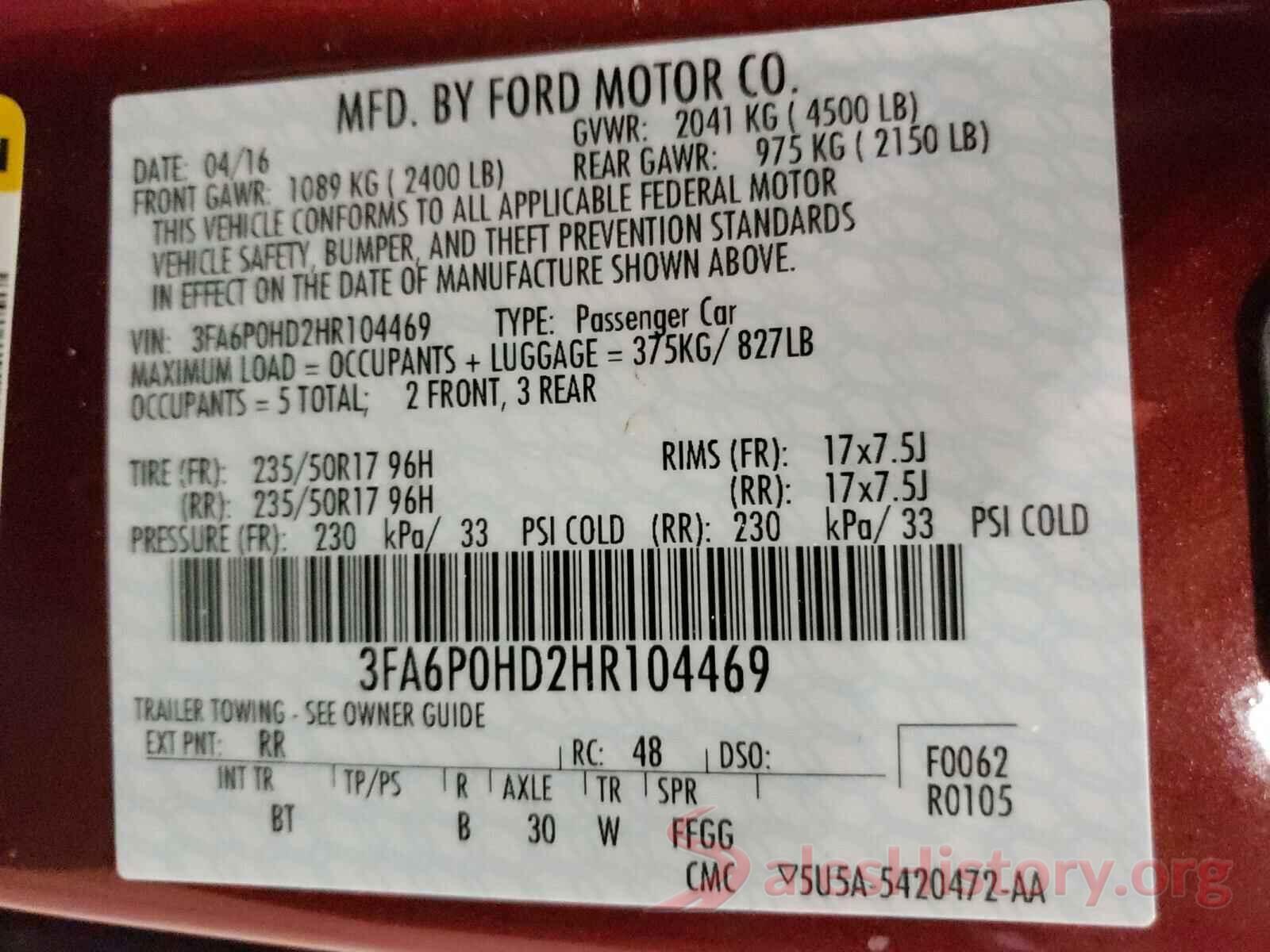 3FA6P0HD2HR104469 2017 FORD FUSION