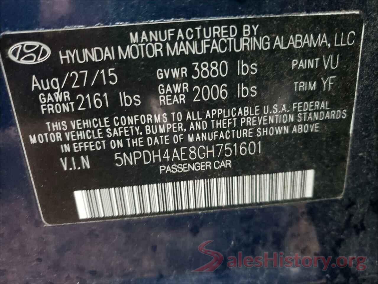 5NPDH4AE8GH751601 2016 HYUNDAI ELANTRA