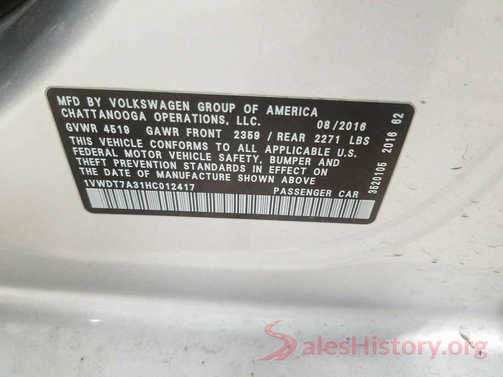 1VWDT7A31HC012417 2017 VOLKSWAGEN PASSAT