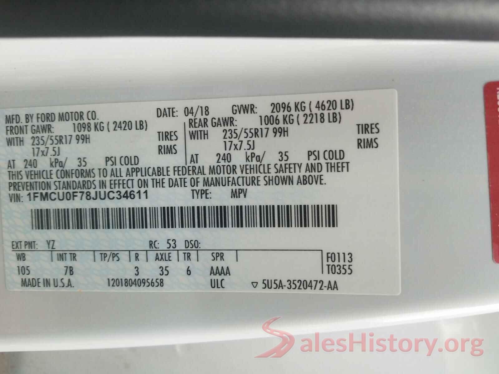 1FMCU0F78JUC34611 2018 FORD ESCAPE