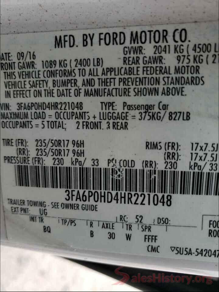 3FA6P0HD4HR221048 2017 FORD FUSION