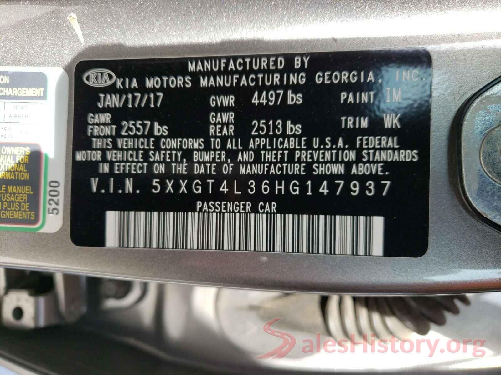 5XXGT4L36HG147937 2017 KIA OPTIMA