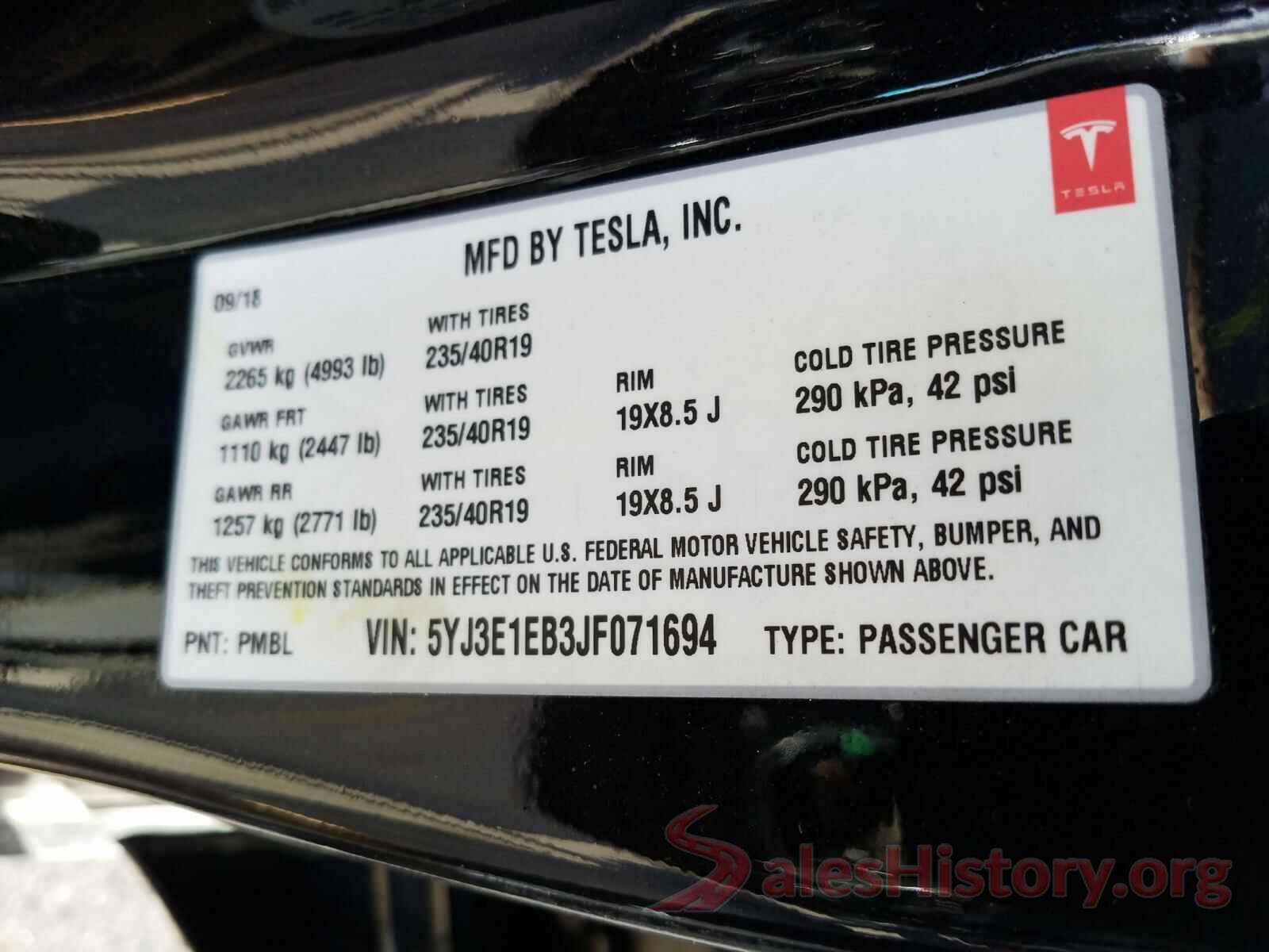 5YJ3E1EB3JF071694 2018 TESLA MODEL 3