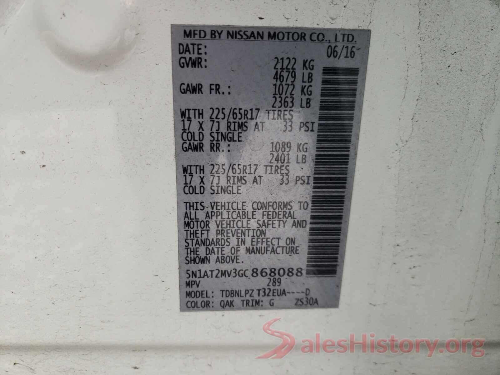 5N1AT2MV3GC868088 2016 NISSAN ROGUE