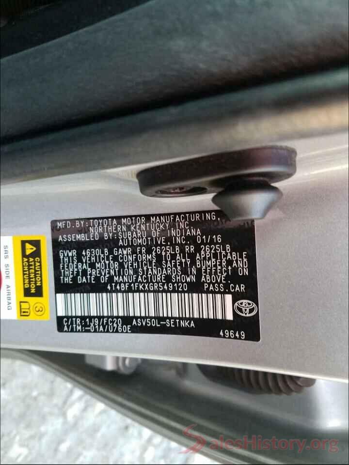 4T4BF1FKXGR549120 2016 TOYOTA CAMRY