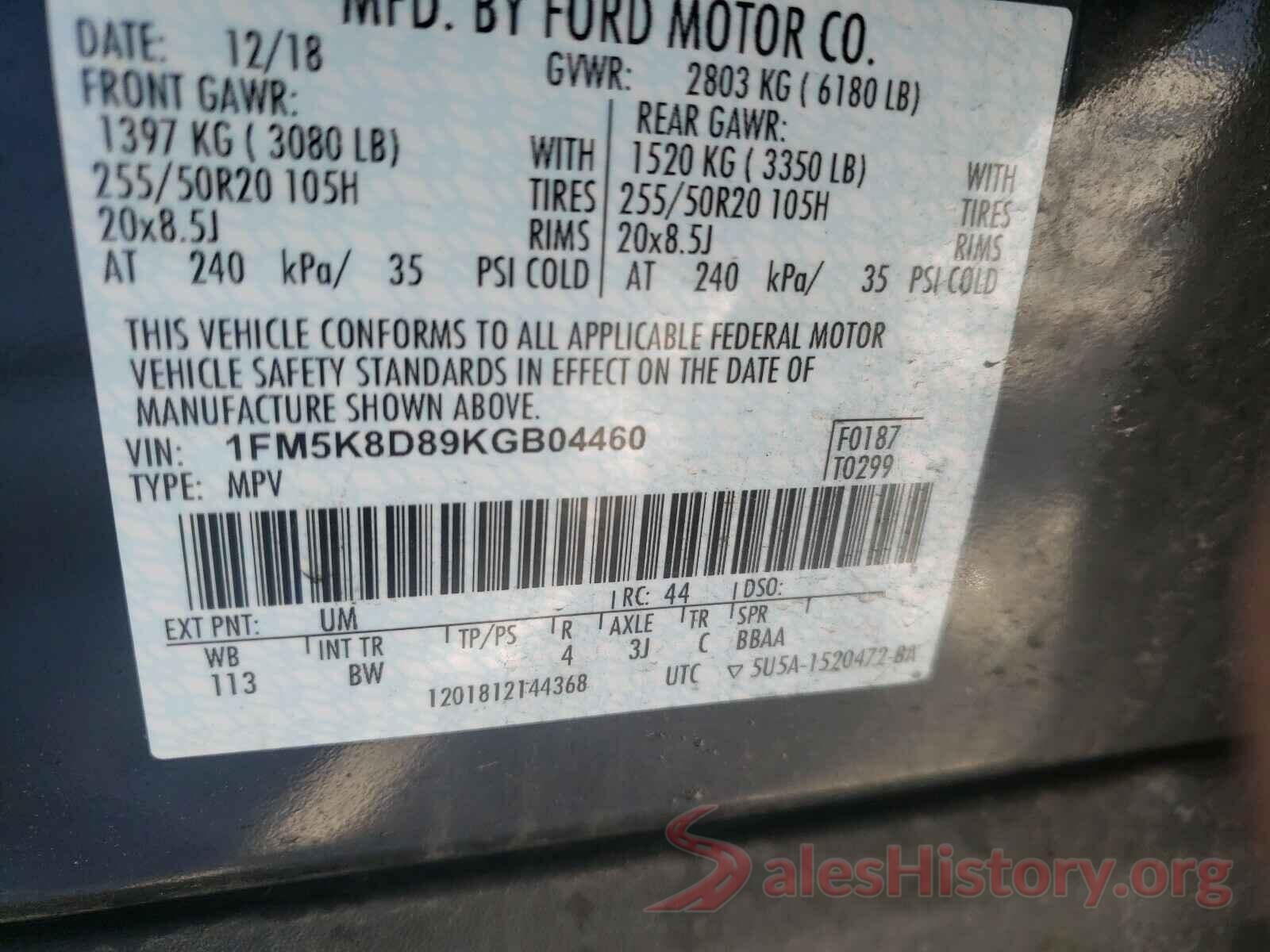 1FM5K8D89KGB04460 2019 FORD EXPLORER