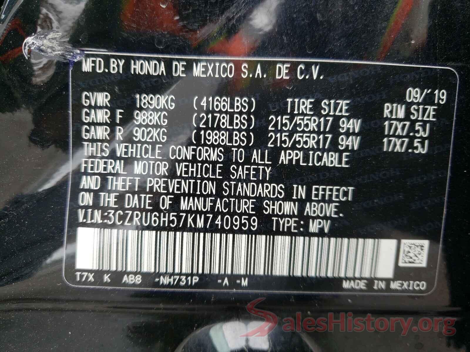 3CZRU6H57KM740959 2019 HONDA HR-V