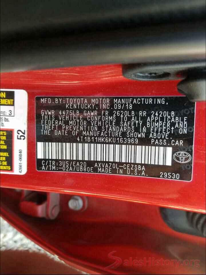 4T1B11HK6KU163969 2019 TOYOTA CAMRY