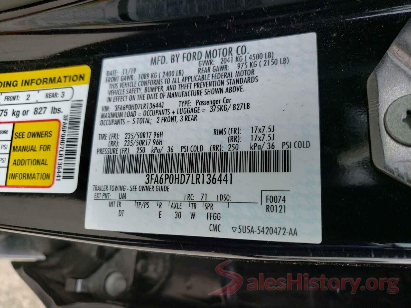 3FA6P0HD7LR136441 2020 FORD FUSION