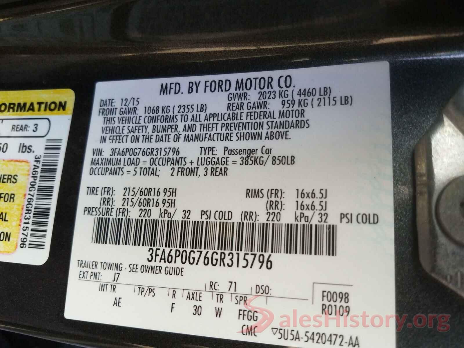 3FA6P0G76GR315796 2016 FORD FUSION