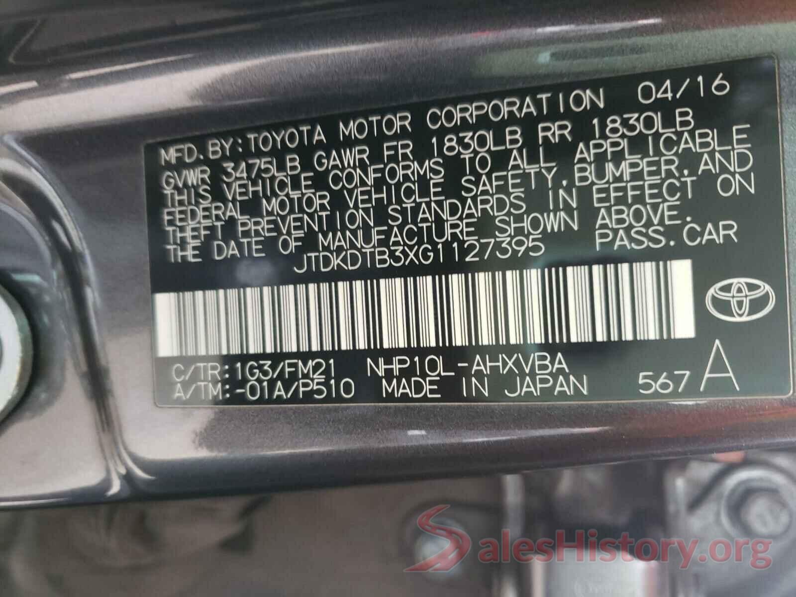 JTDKDTB3XG1127395 2016 TOYOTA PRIUS