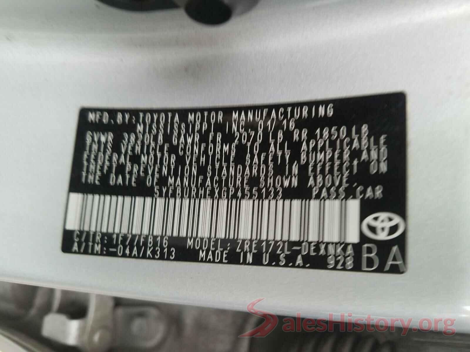 5YFBURHEXGP455133 2016 TOYOTA COROLLA