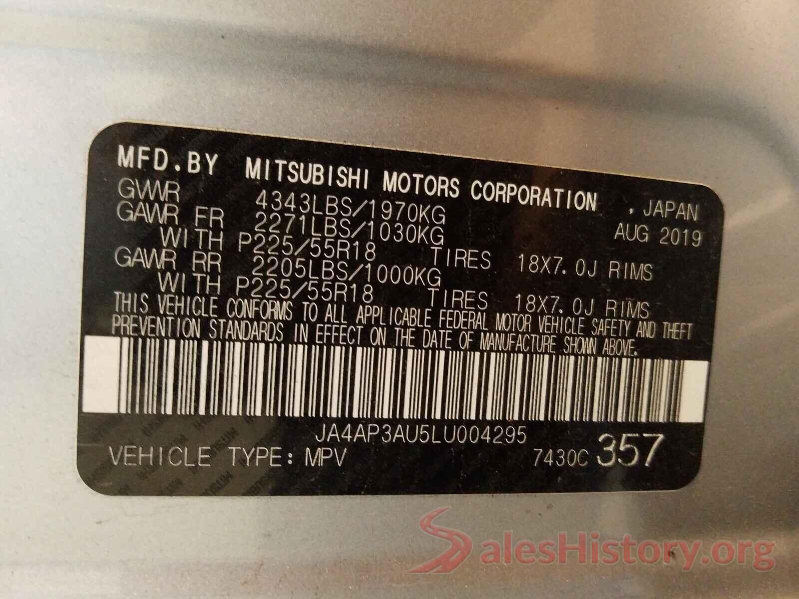 JA4AP3AU5LU004295 2020 MITSUBISHI OUTLANDER