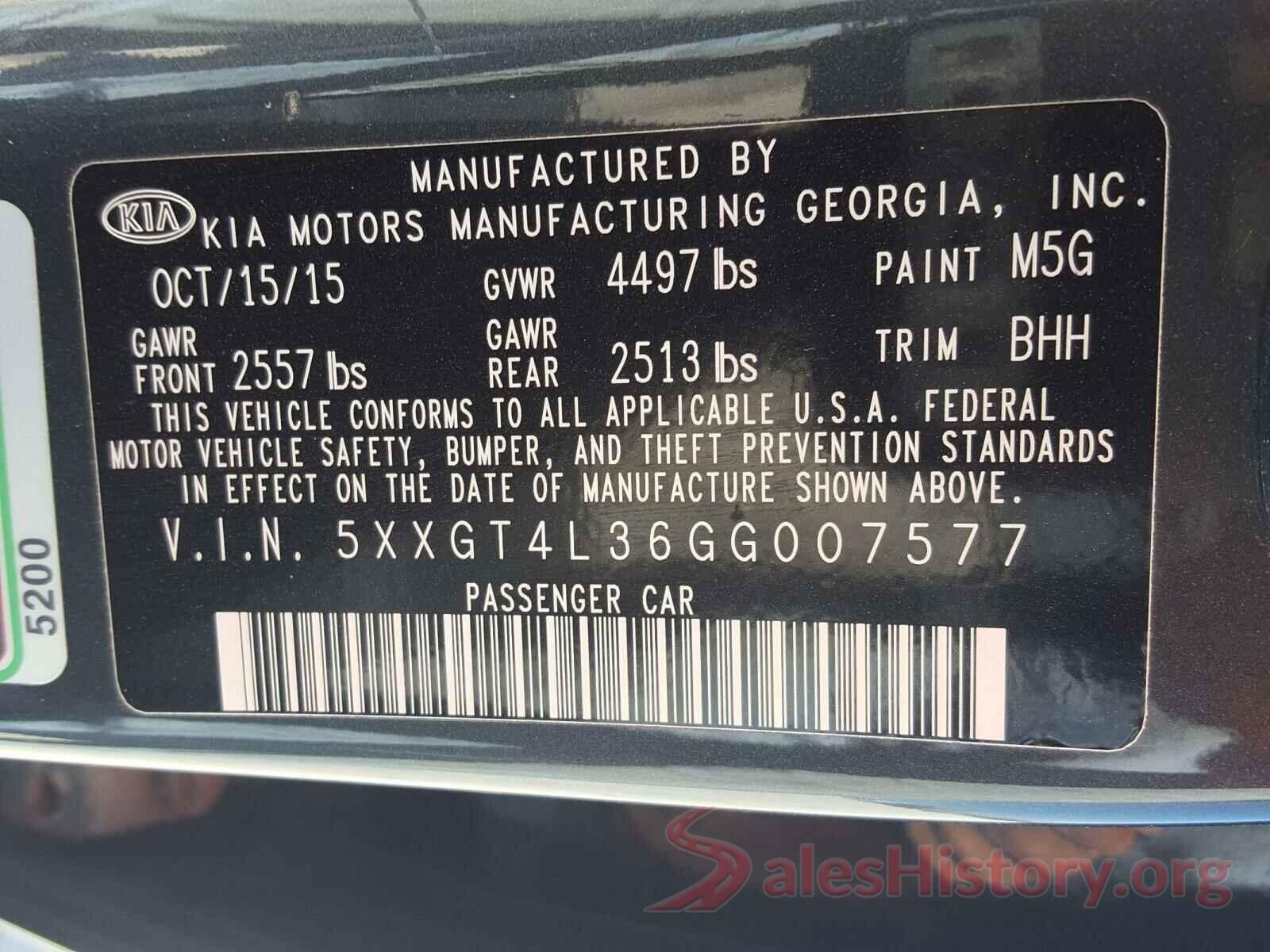 5XXGT4L36GG007577 2016 KIA OPTIMA