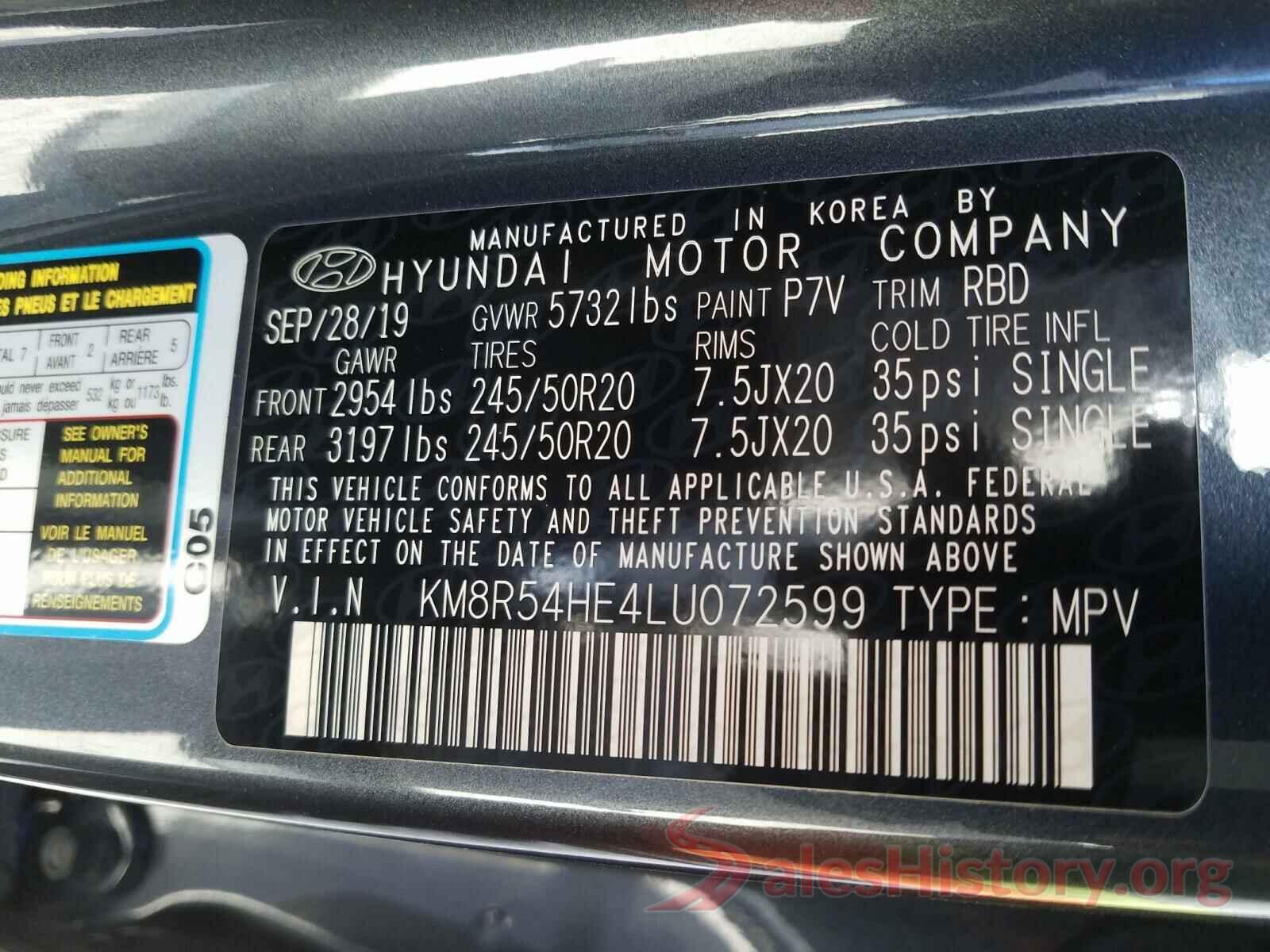 KM8R54HE4LU072599 2020 HYUNDAI PALISADE