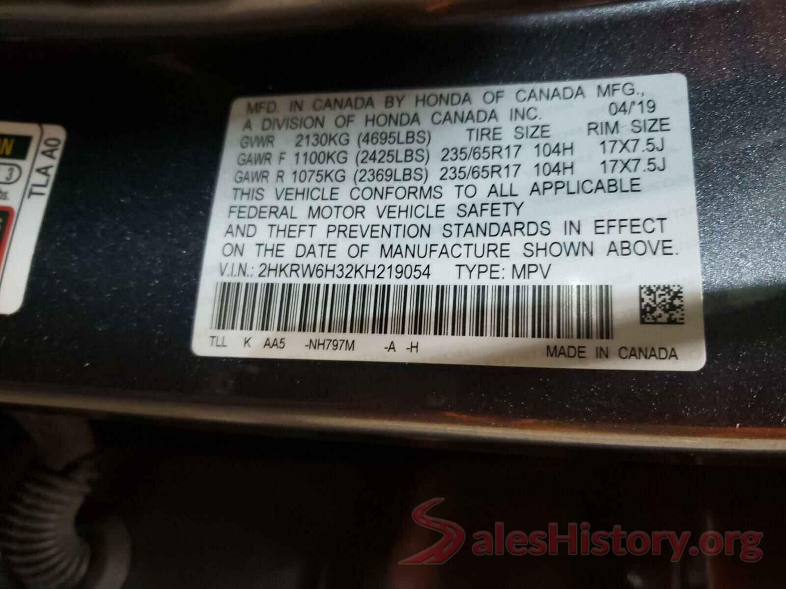 2HKRW6H32KH219054 2019 HONDA CRV