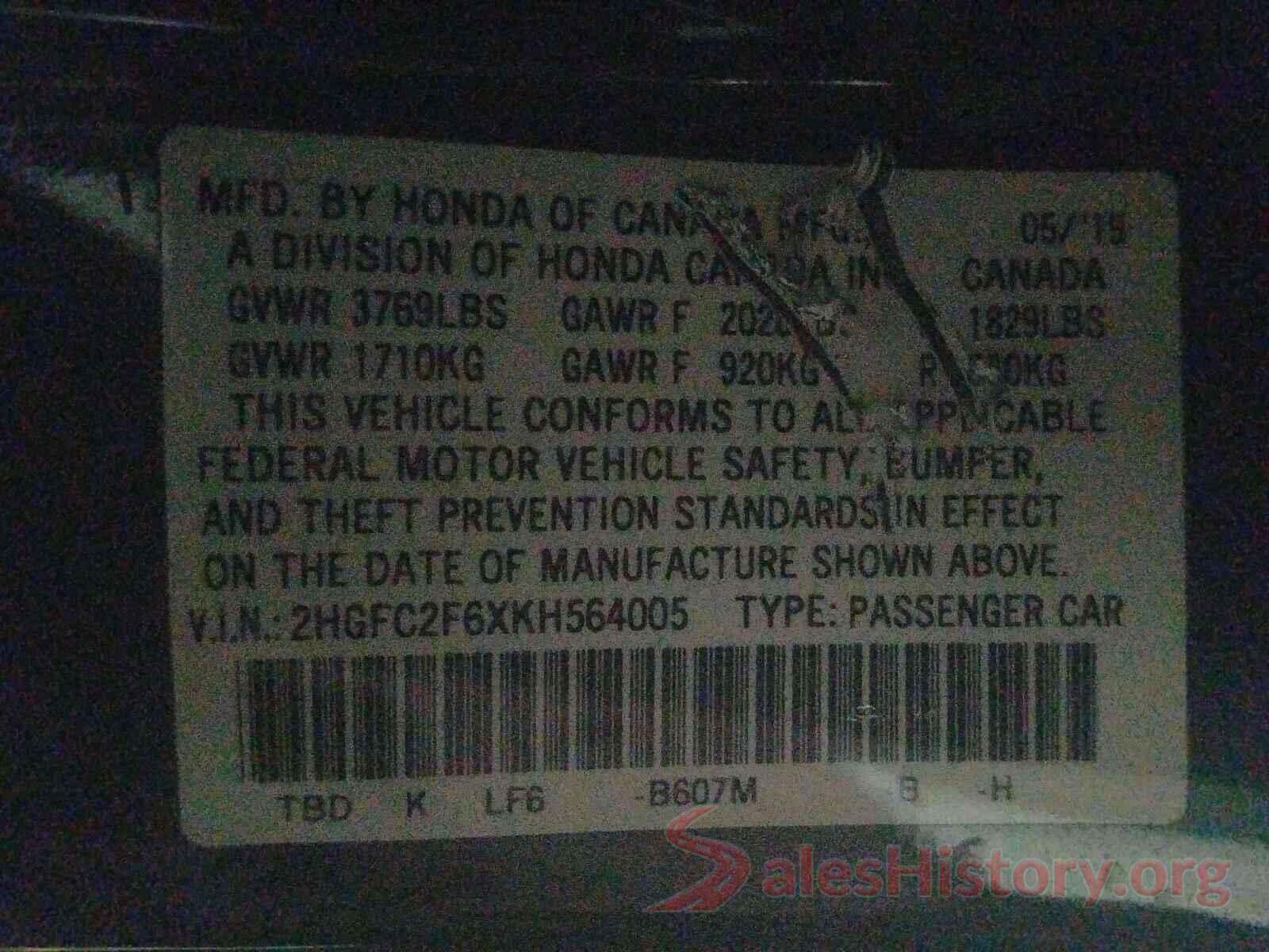 2HGFC2F6XKH564005 2019 HONDA CIVIC