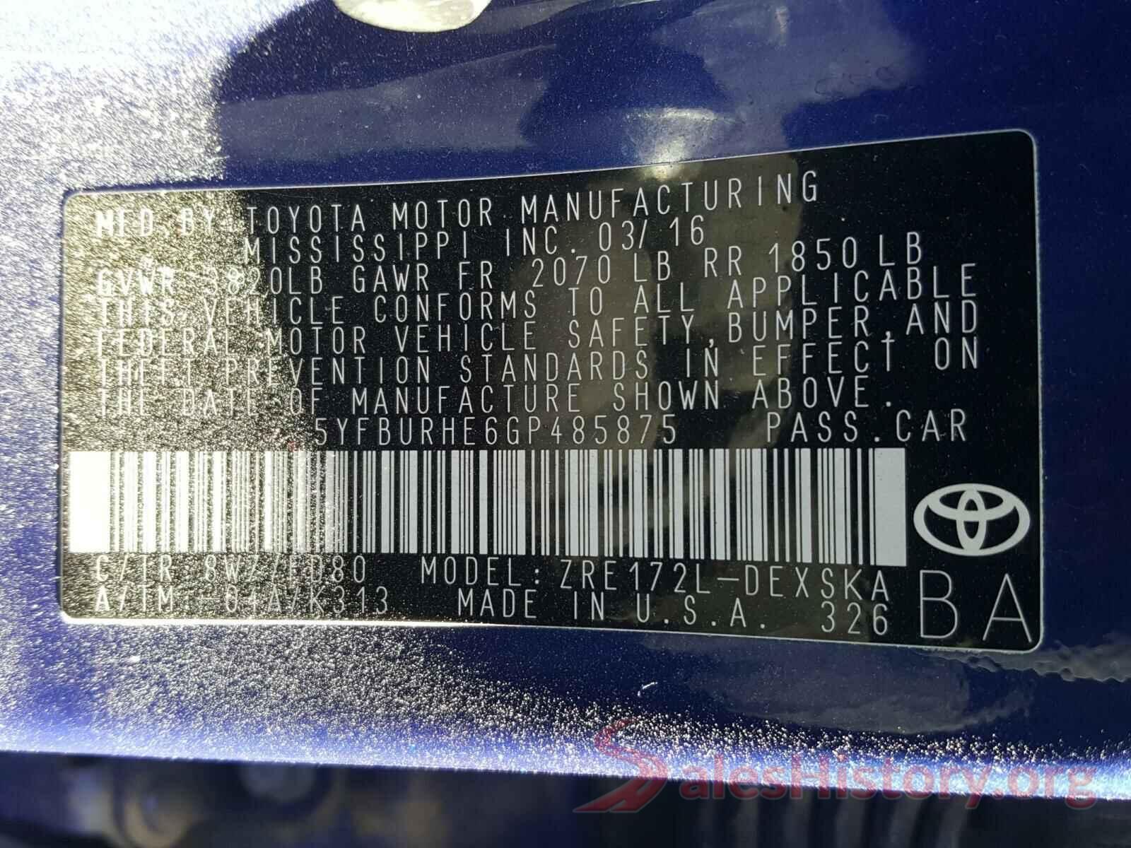 5YFBURHE6GP485875 2016 TOYOTA COROLLA