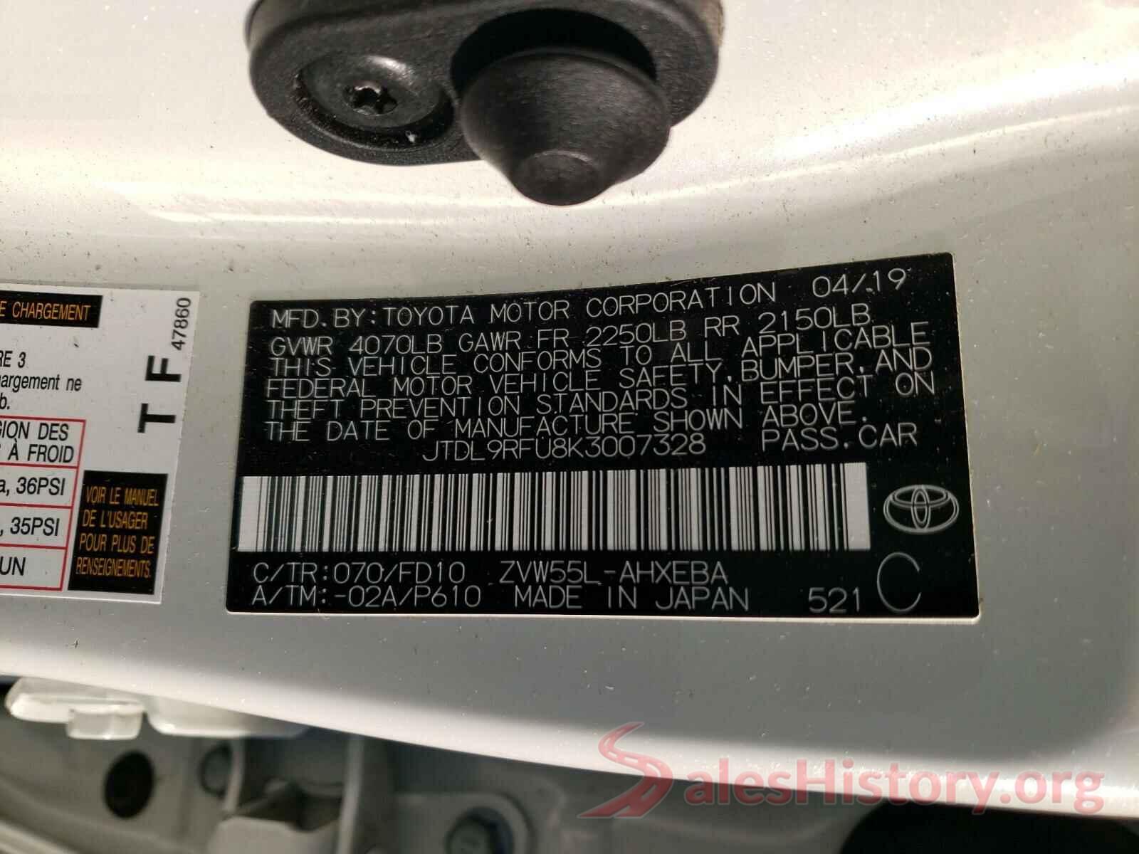 JTDL9RFU8K3007328 2019 TOYOTA PRIUS