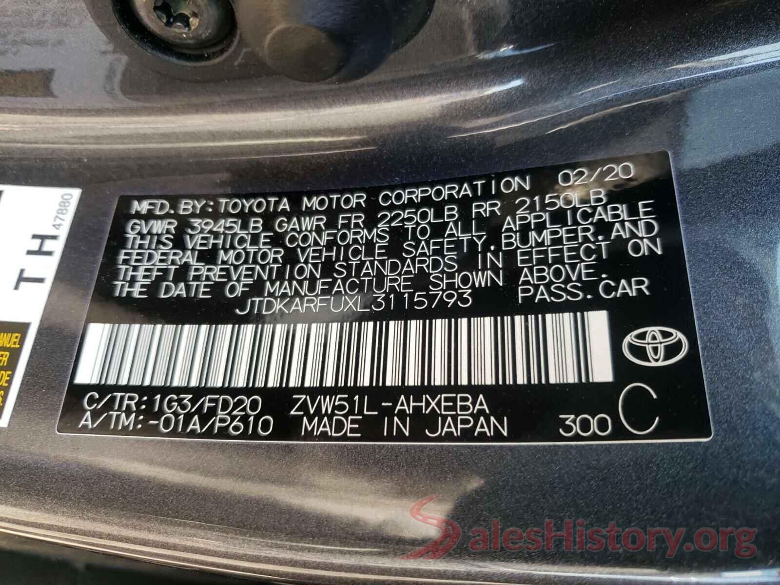 JTDKARFUXL3115793 2020 TOYOTA PRIUS