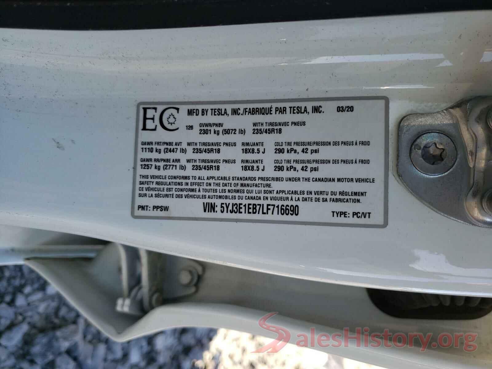 5YJ3E1EB7LF716690 2020 TESLA MODEL 3