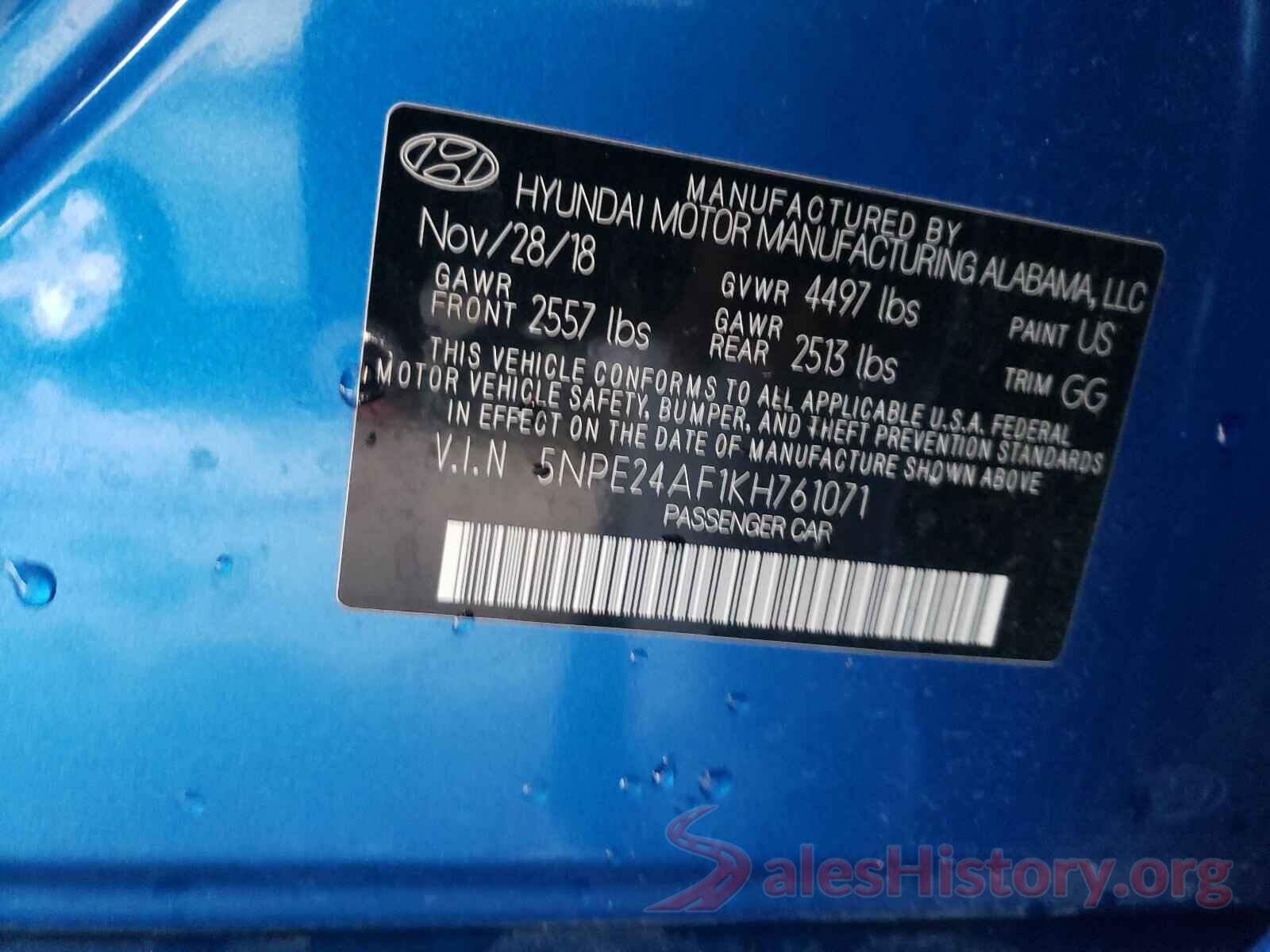 5NPE24AF1KH761071 2019 HYUNDAI SONATA