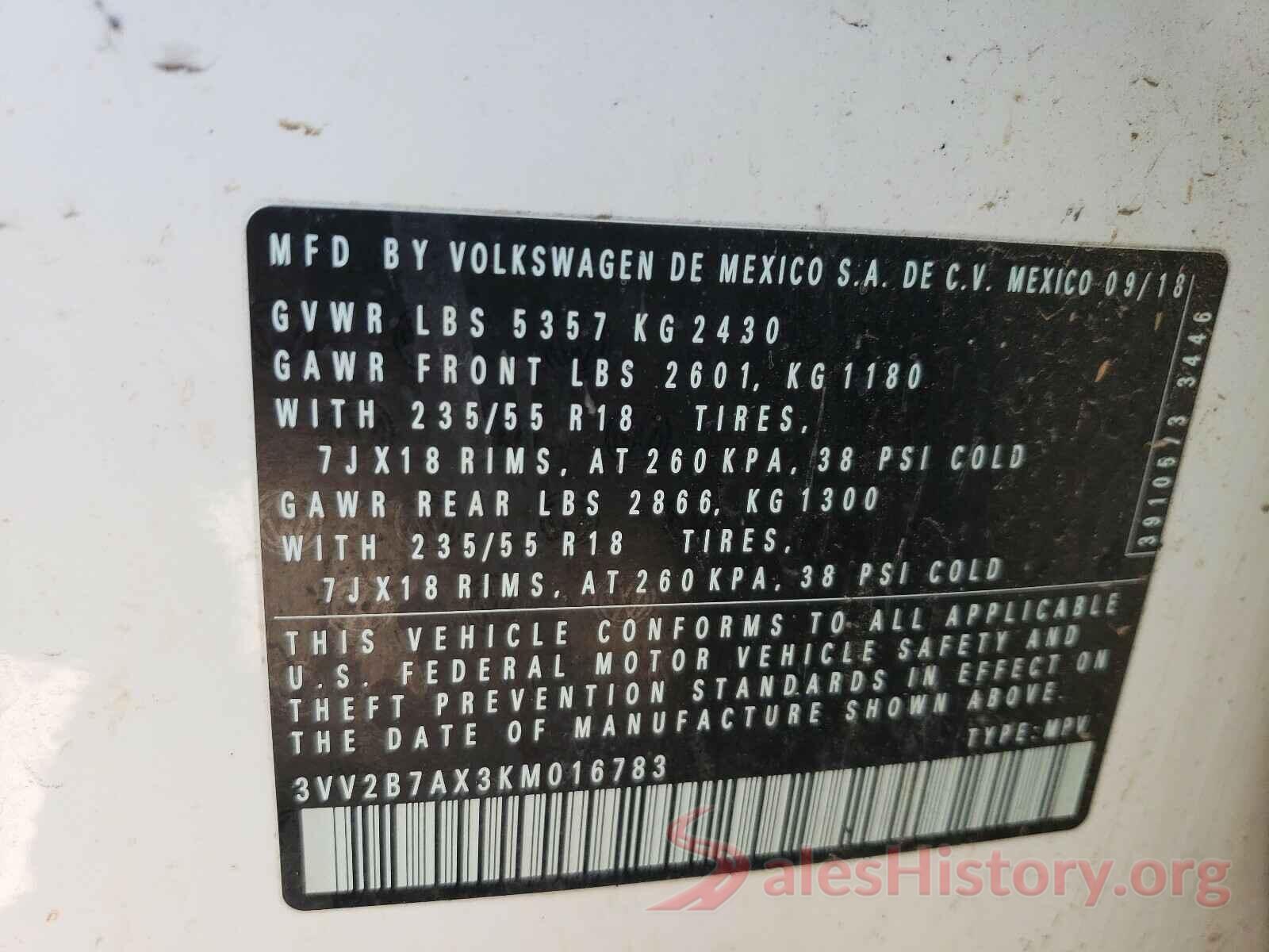 3VV2B7AX3KM016783 2019 VOLKSWAGEN TIGUAN