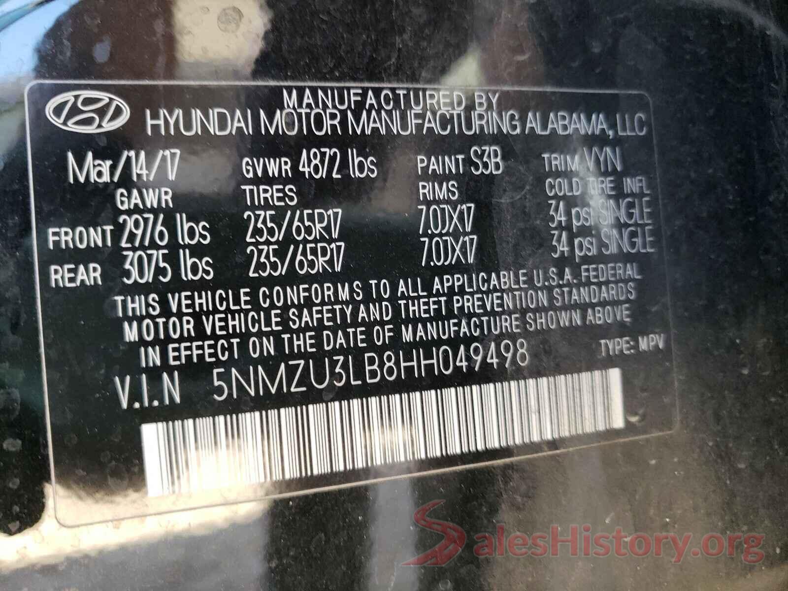 5NMZU3LB8HH049498 2017 HYUNDAI SANTA FE