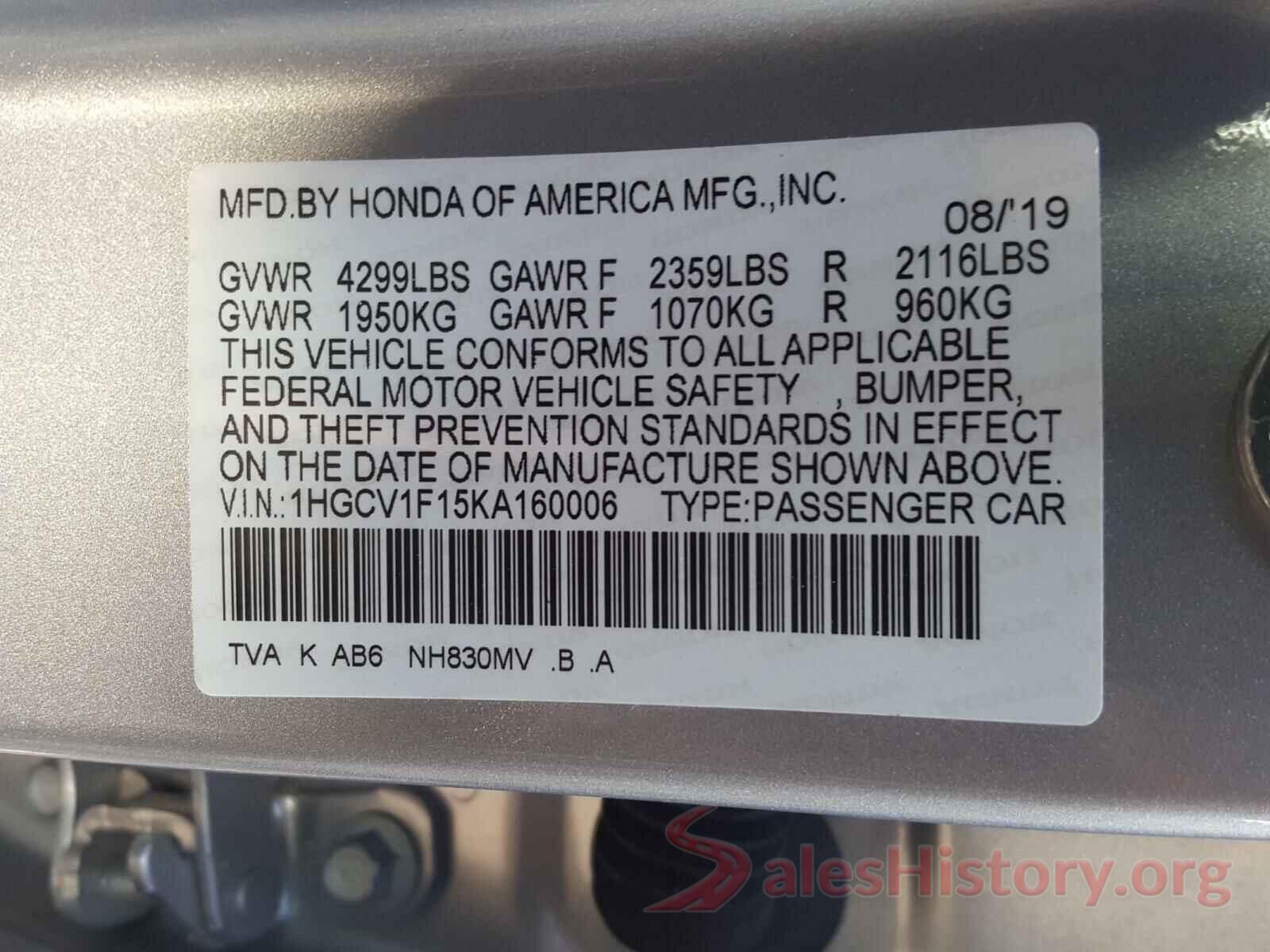 1HGCV1F15KA160006 2019 HONDA ACCORD