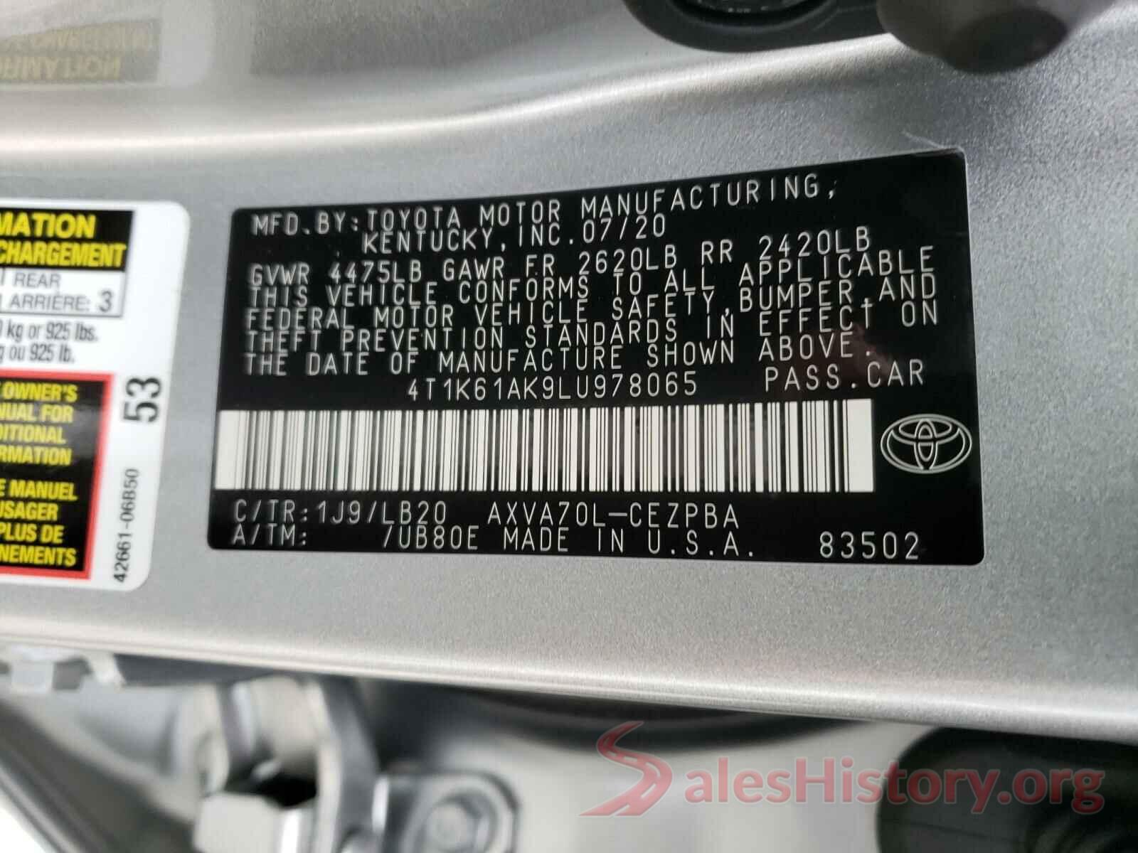 4T1K61AK9LU978065 2020 TOYOTA CAMRY