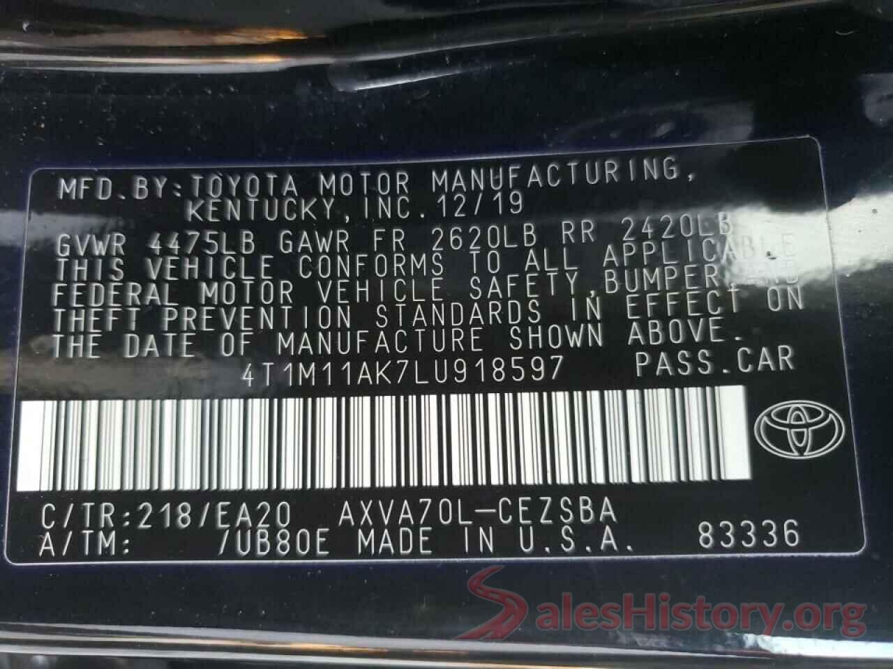 4T1M11AK7LU918597 2020 TOYOTA CAMRY