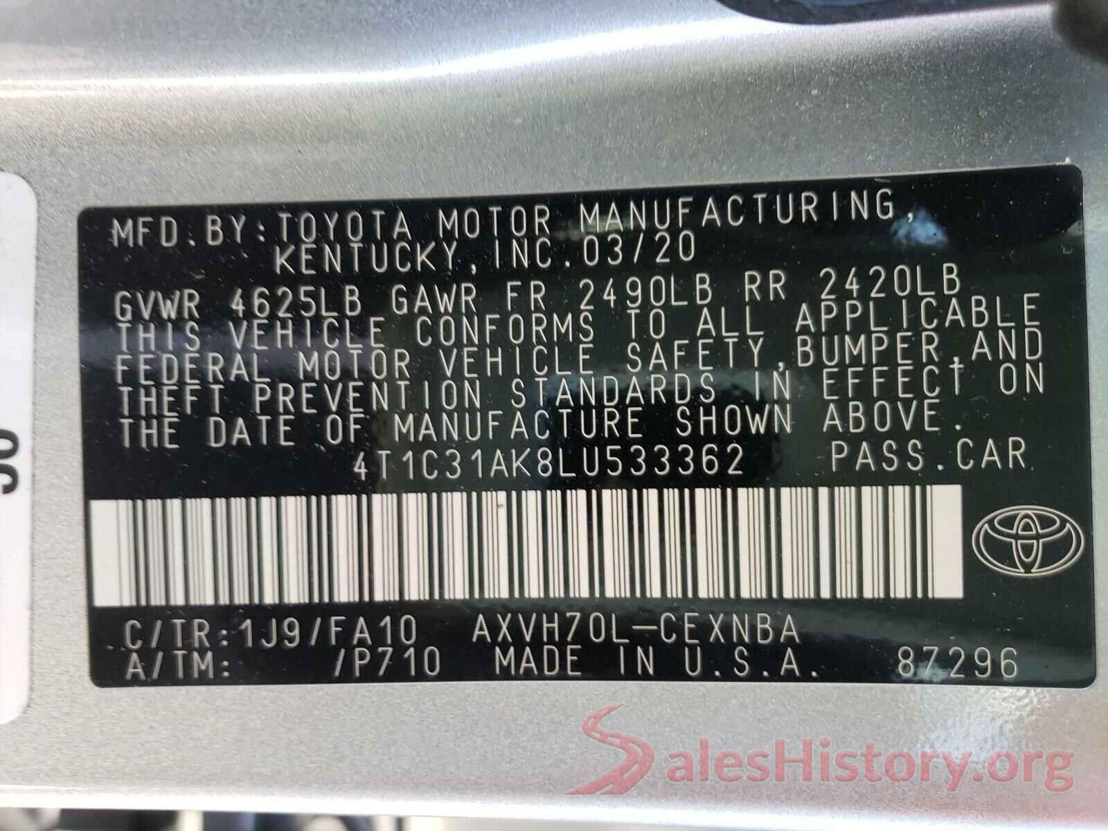 4T1C31AK8LU533362 2020 TOYOTA CAMRY