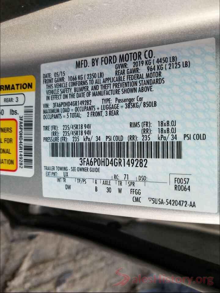 3FA6P0HD4GR149282 2016 FORD FUSION