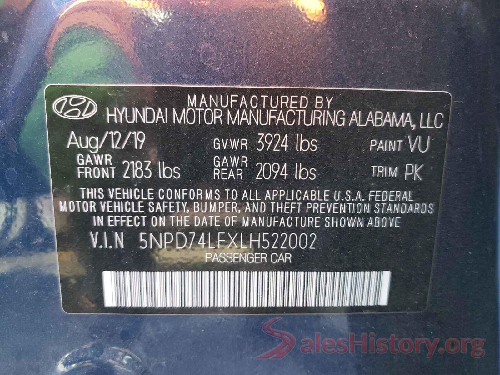 5NPD74LFXLH522002 2020 HYUNDAI ELANTRA