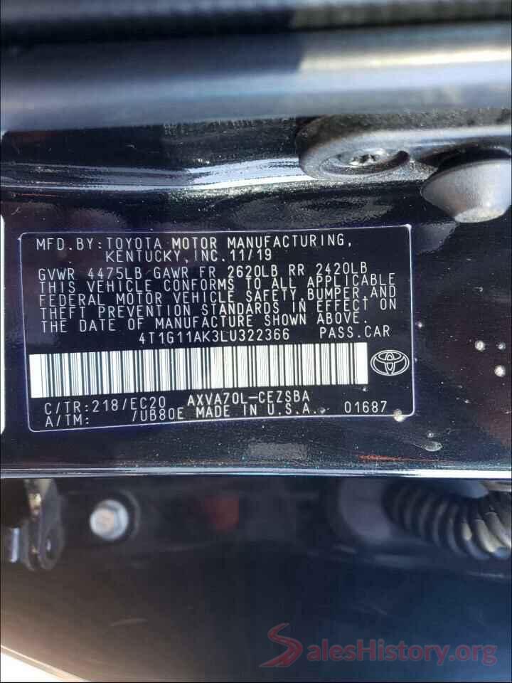 4T1G11AK3LU322366 2020 TOYOTA CAMRY