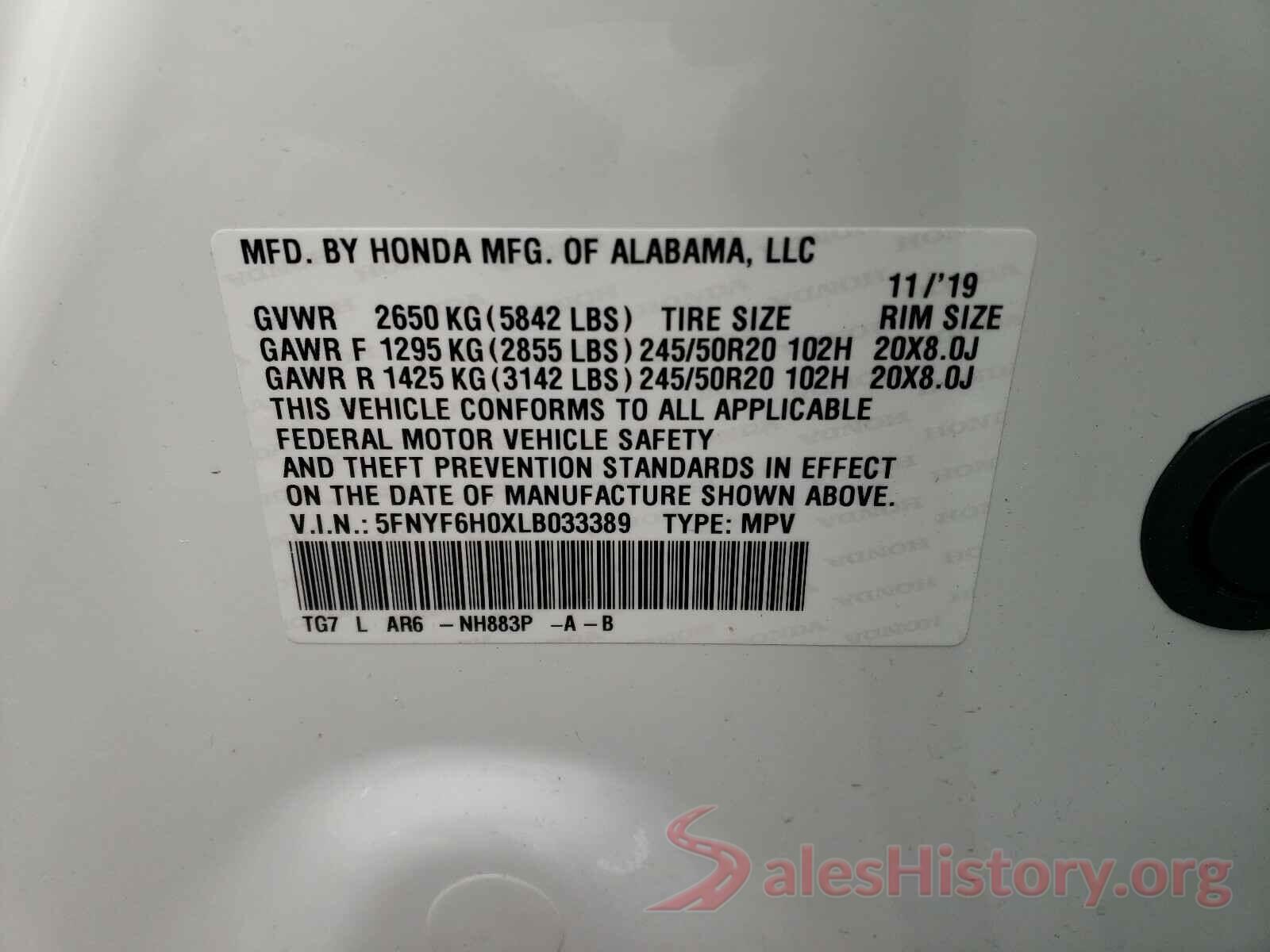 5FNYF6H0XLB033389 2020 HONDA PILOT