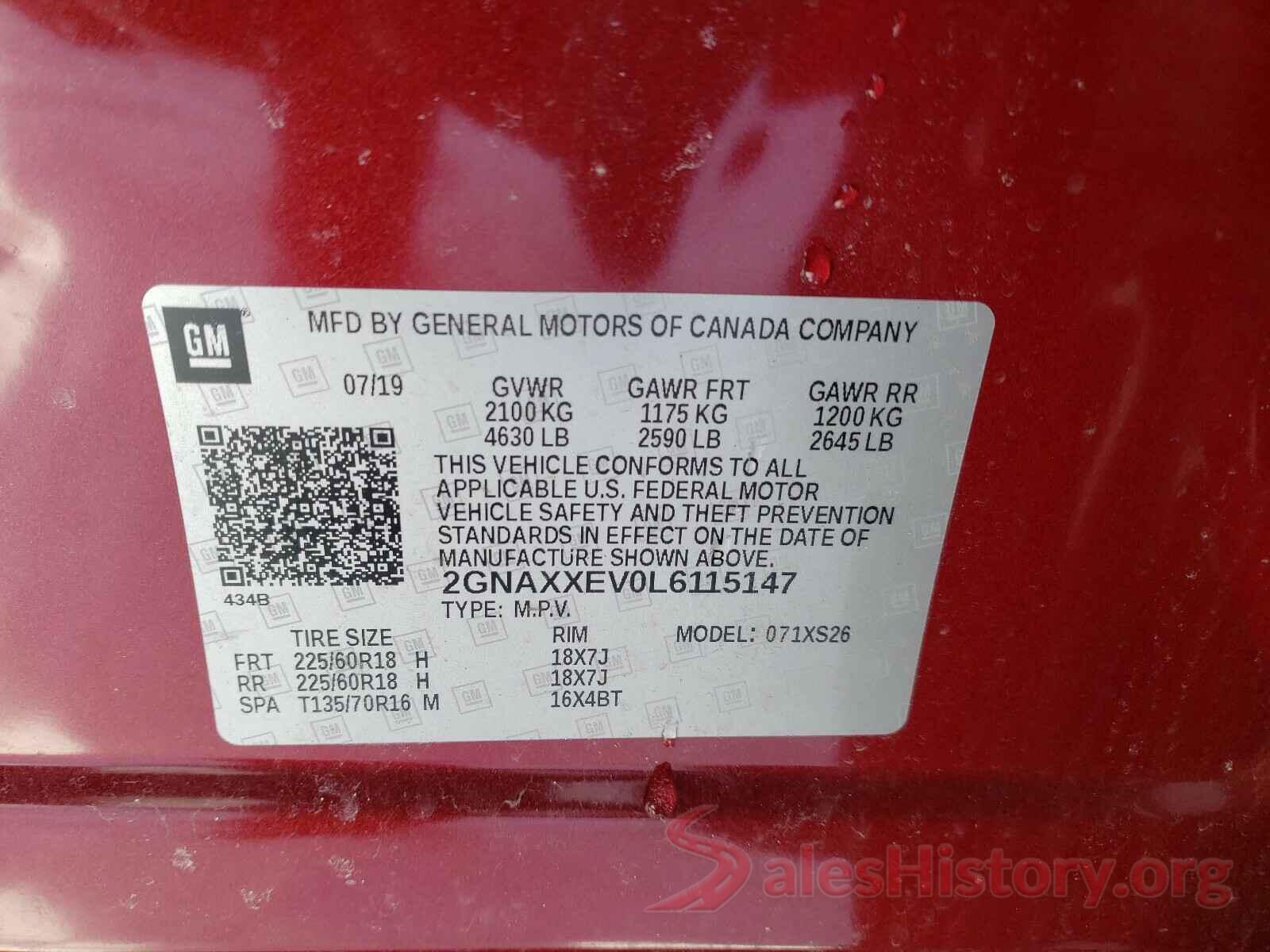 2GNAXXEV0L6115147 2020 CHEVROLET EQUINOX