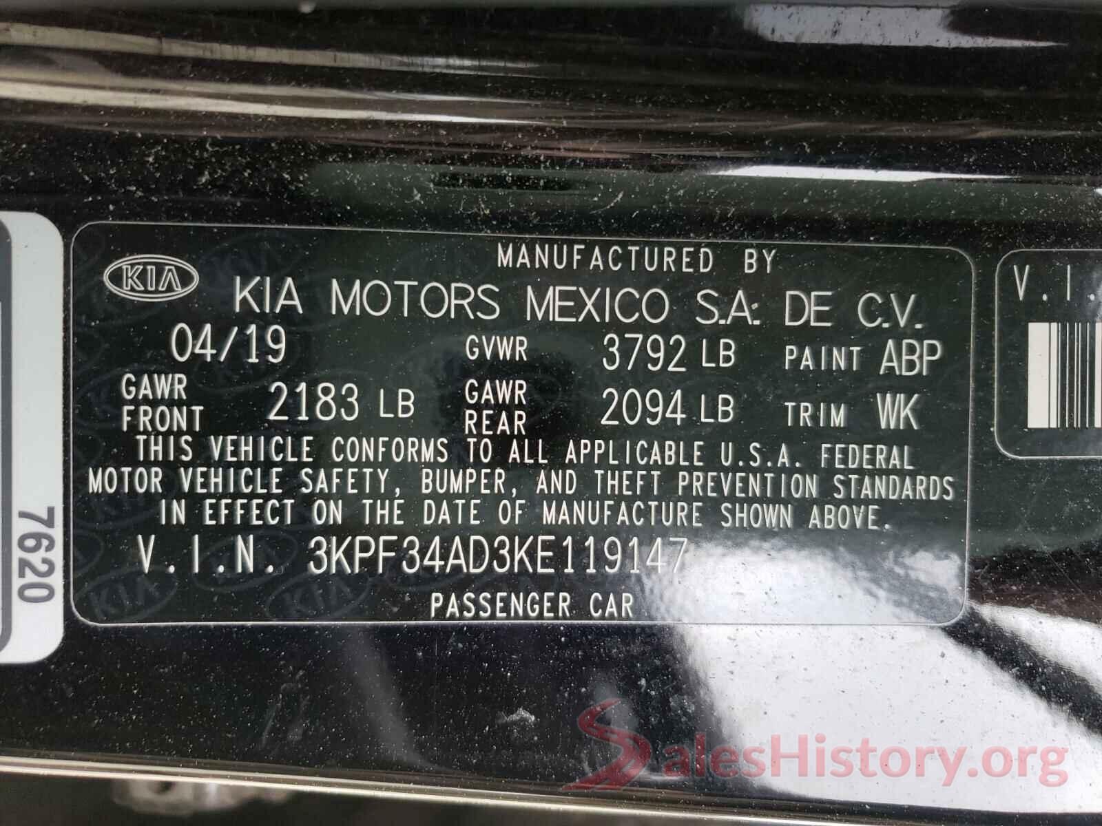 3KPF34AD3KE119147 2019 KIA FORTE