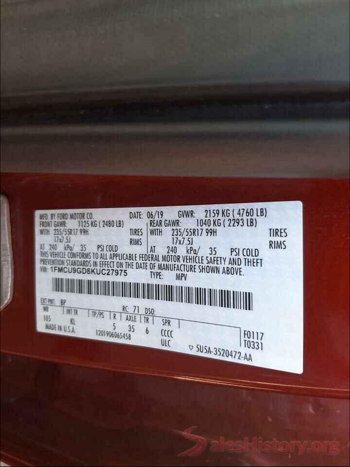 1FMCU9GD8KUC27975 2019 FORD ESCAPE