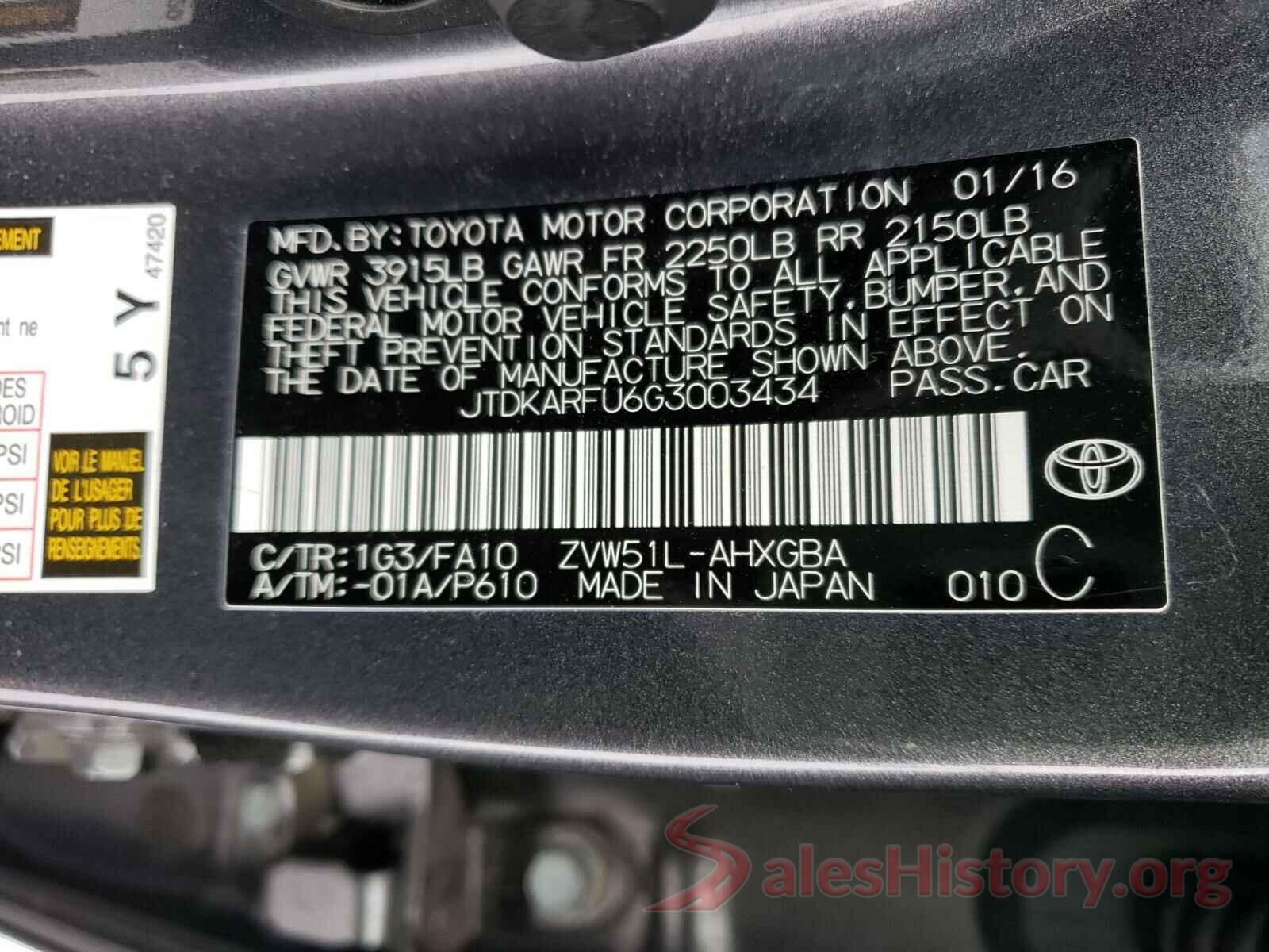 JTDKARFU6G3003434 2016 TOYOTA PRIUS