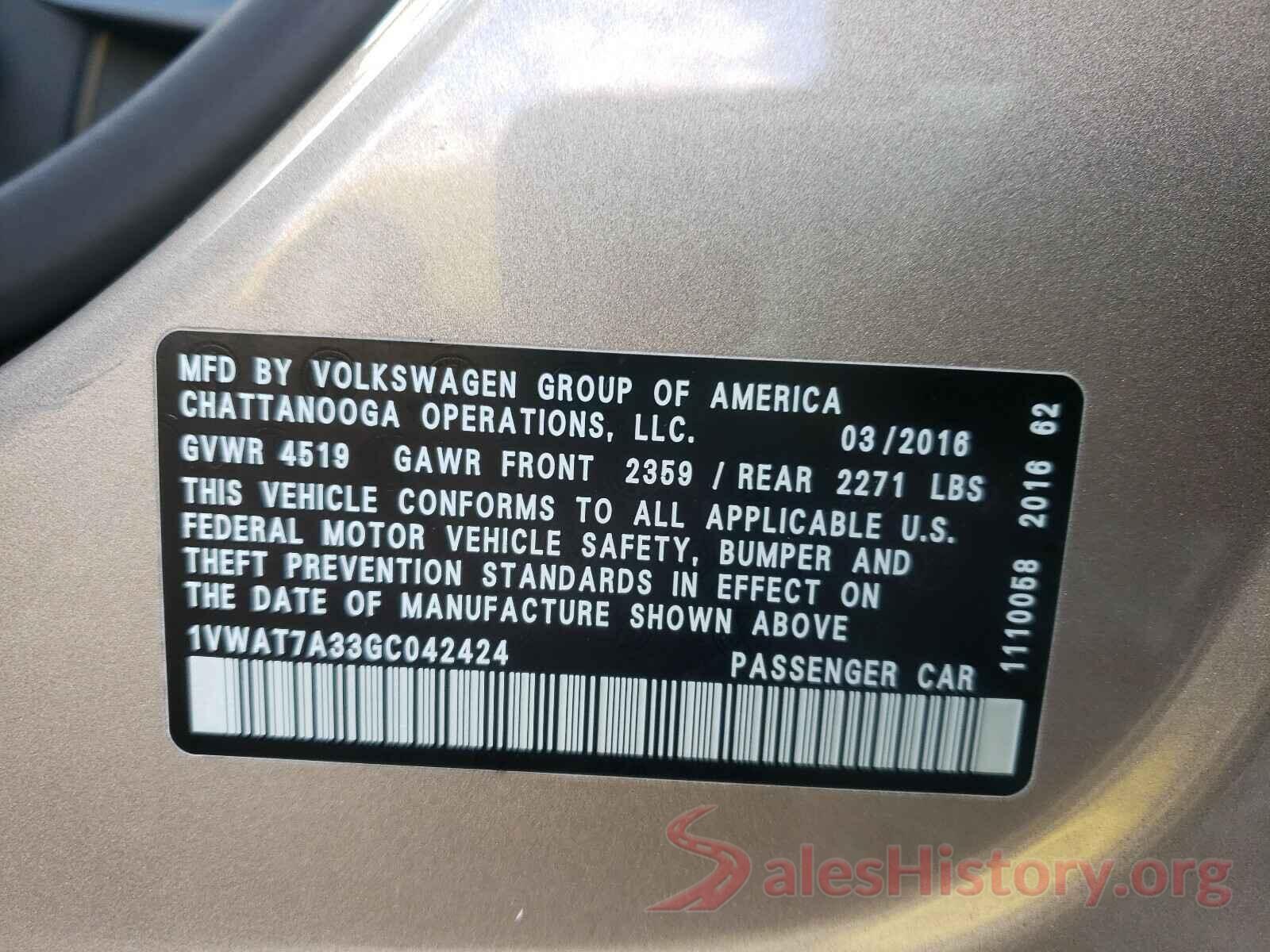 1VWAT7A33GC042424 2016 VOLKSWAGEN PASSAT